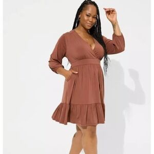 Torrid Babydoll Dress Womens 4 Brown Surplice V-Neck Tiered Ruffle Mini Boho